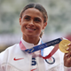 Gold medalist Sydney McLaughlin of Team United States poses during the medal ceremony for the Women’s 400m Hurdles Final on day twelve of the Tokyo 2020 Olympic Games at Olympic Stadium on August 04, 2021 in Tokyo, Japan.